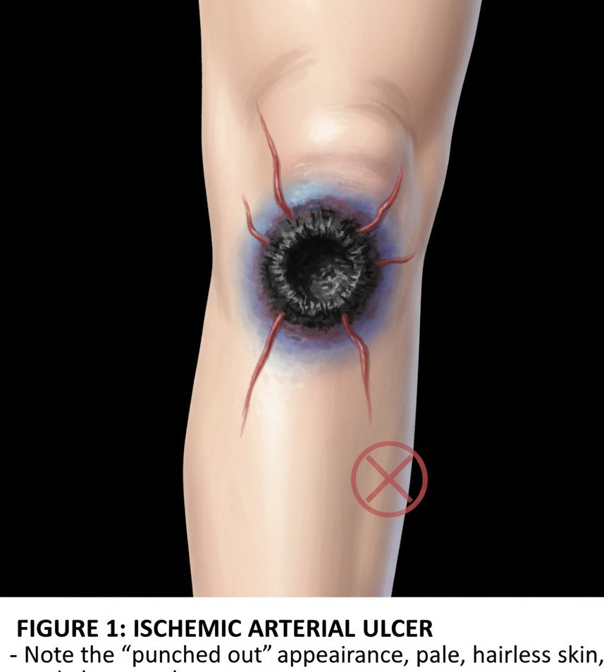 A detailed medical illustration showing an ischemic arterial ulcer on a lower leg, characterized by a "punched-out" appearance, pale skin, and surrounding redness, indicative of poor circulation – a condition expertly treated by Milwaukee home health agencies like Professional Home Care Services, Inc.